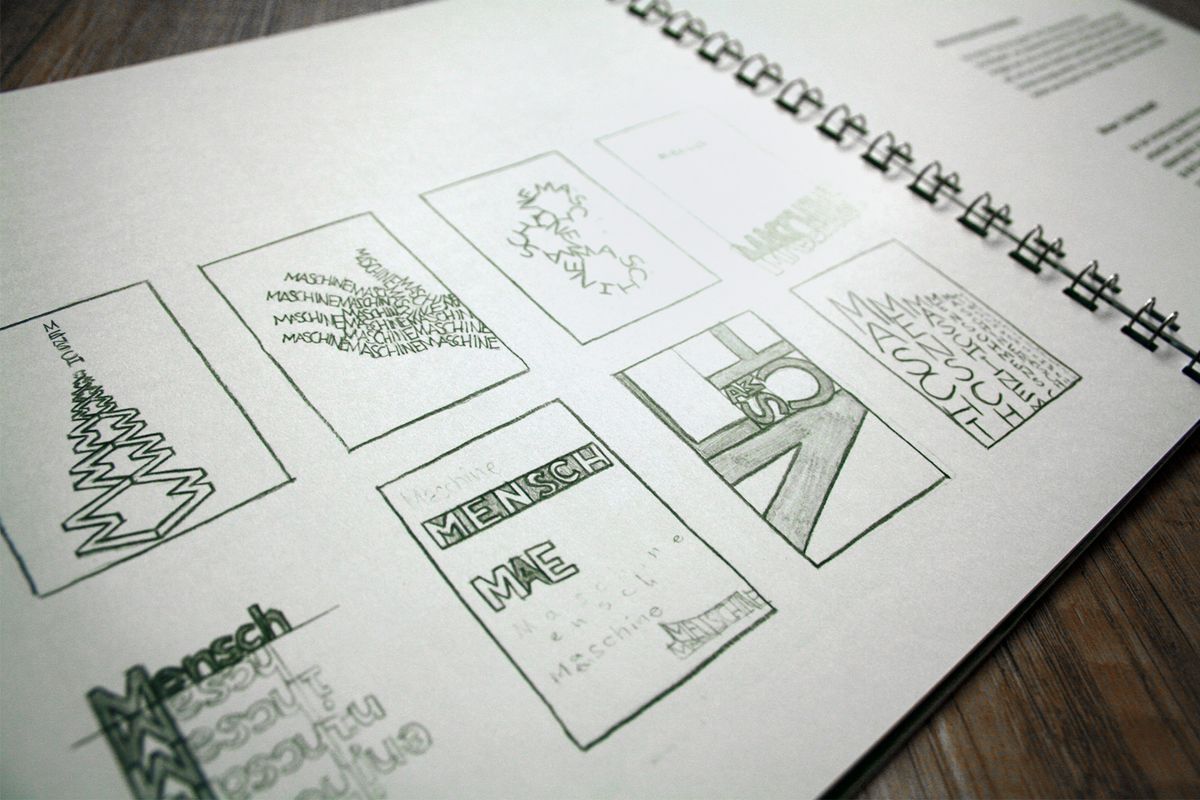 A page in the booklet that shows sketches for the Mensch-Maschine project. 