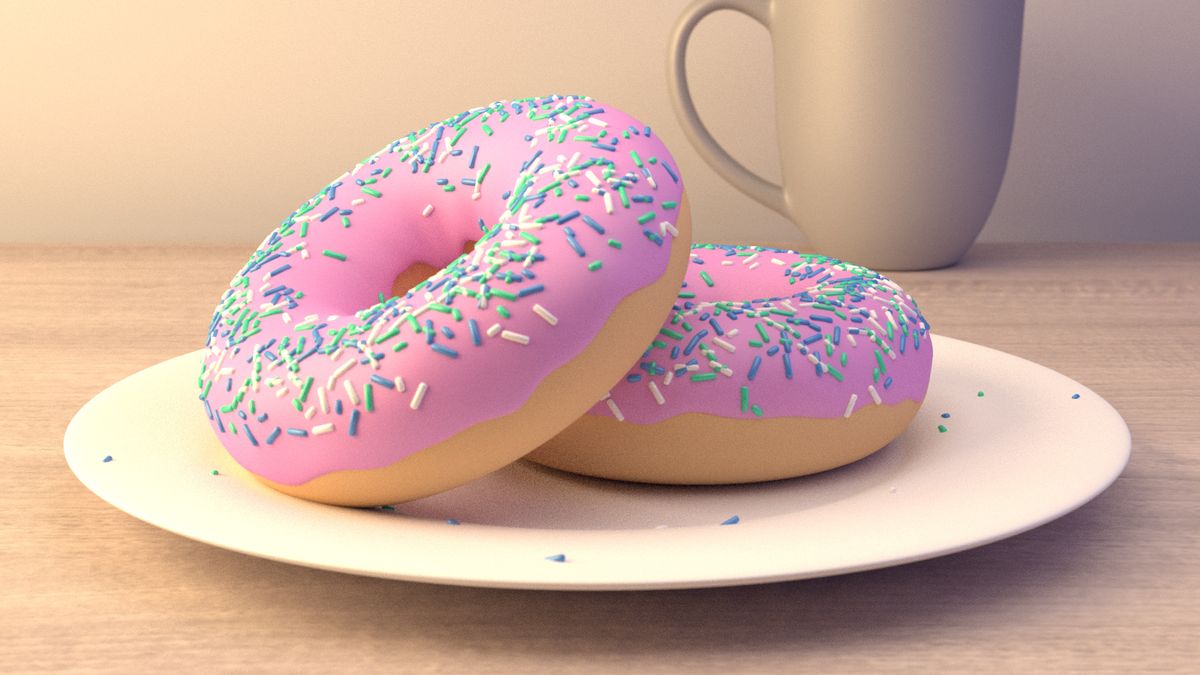 Two donuts lying on a plate are on a desk.